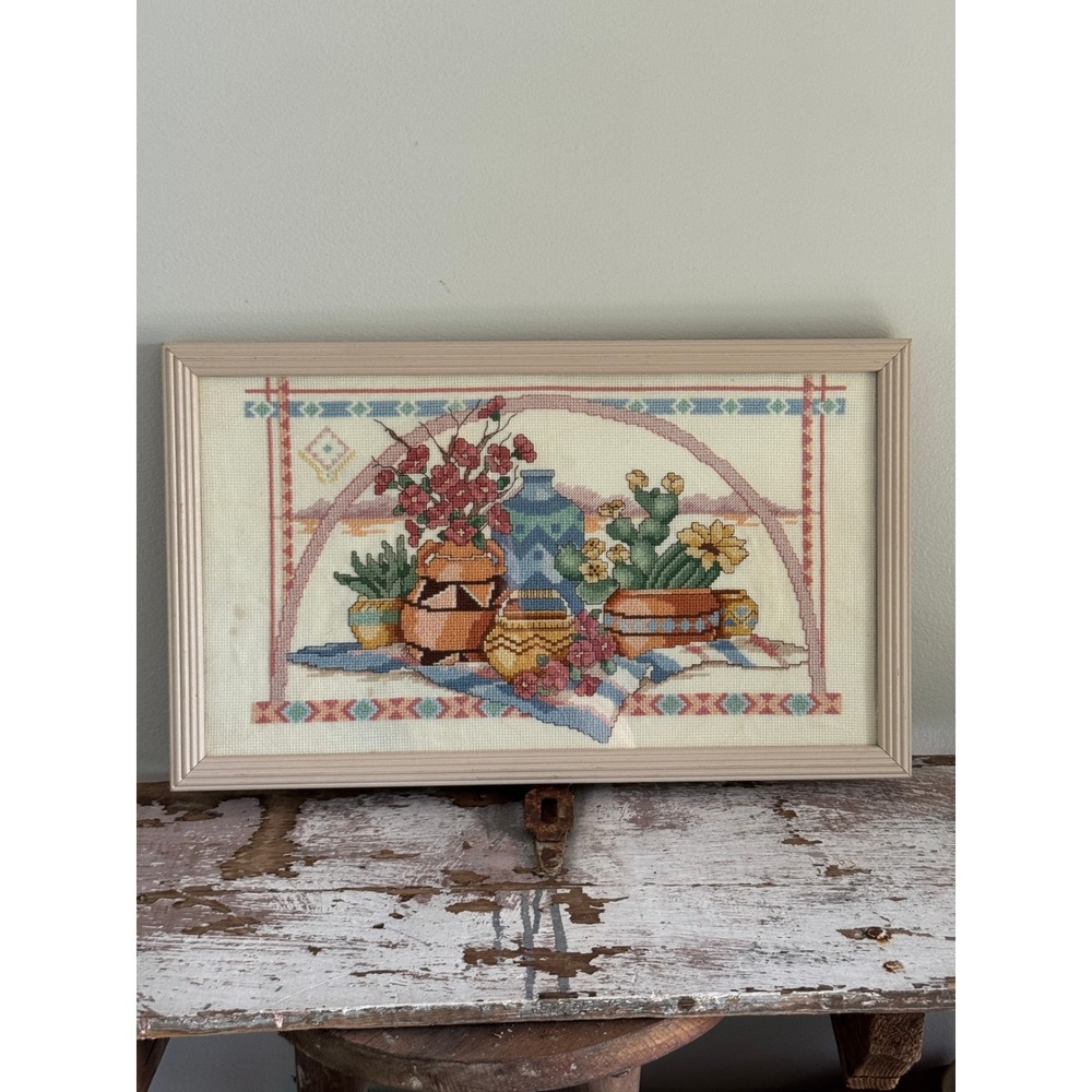 Vintage Handmade Southwestern Cross Stitch Framed Needlepoint Desert Still Life